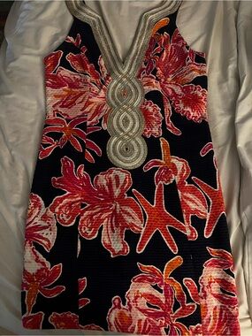 Lilly Pulitzer Black Dress with Pink, Red, and Orange Floral Print